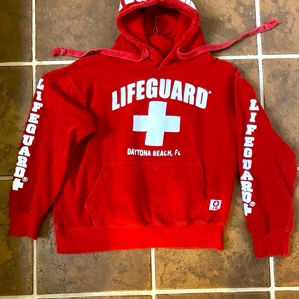 Lifeguard red hoodie sweatshirt Daytona Beach, FL designed in USA beach summer M